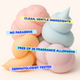 Colorful foam-like products with text highlighting ingredients and safety features on a light background