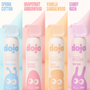 Four bottles of 'dojo' (dojo) foam soap with different scents on a white background