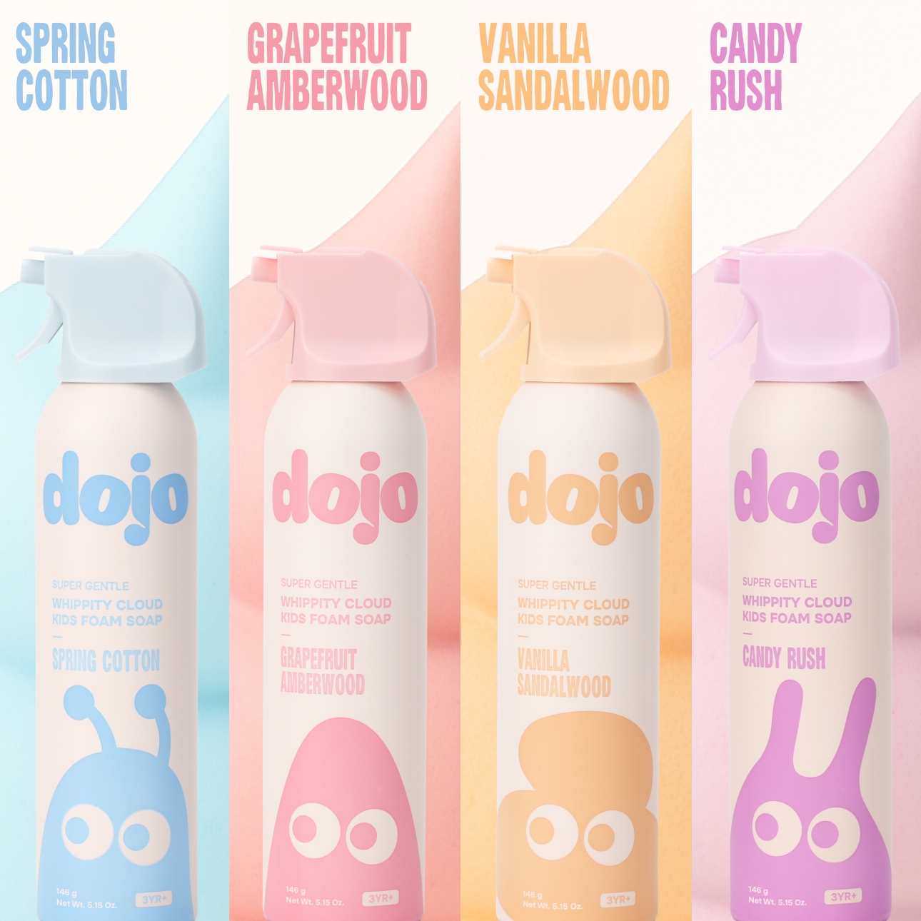 Four bottles of 'dojo' (dojo) foam soap with different scents on a white background