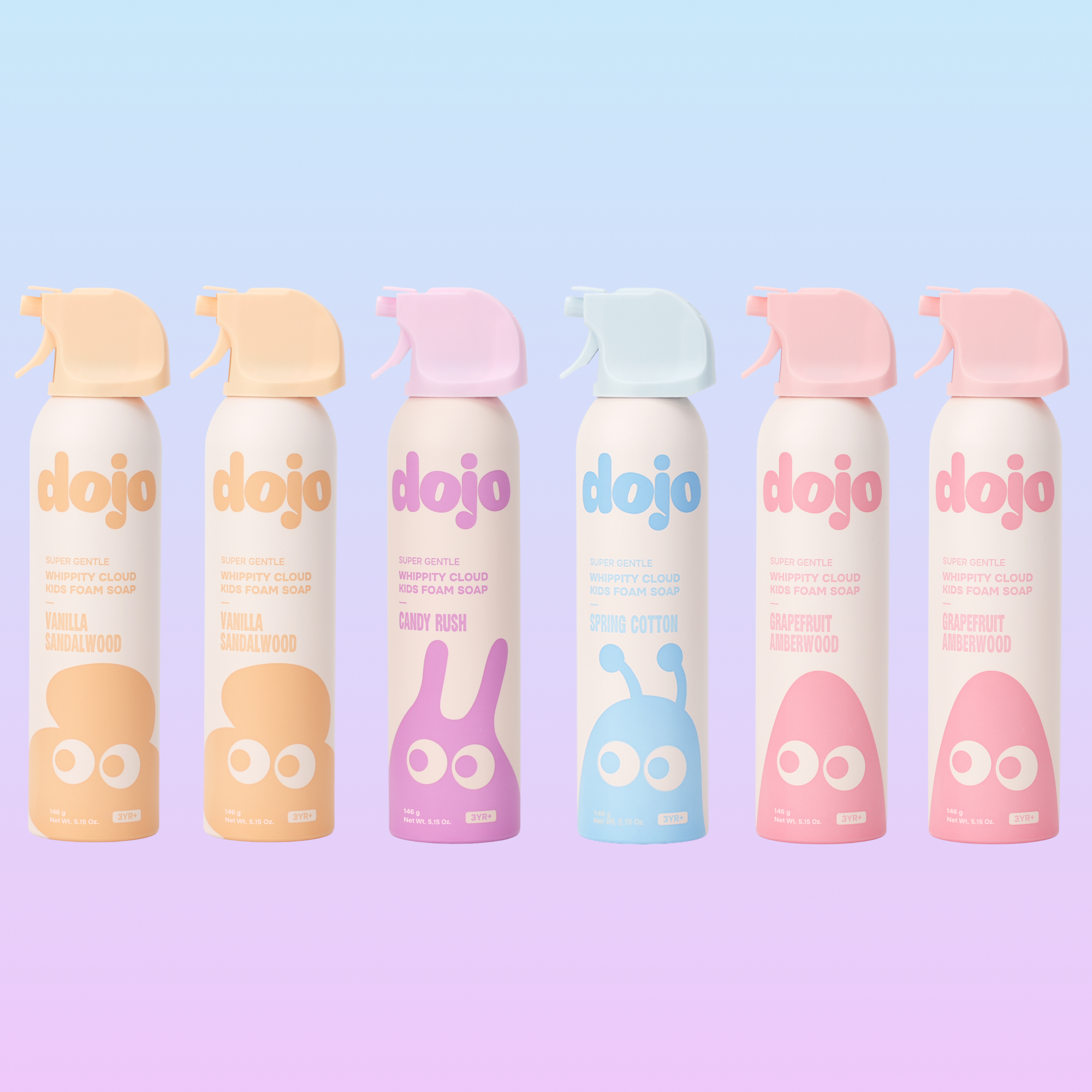 Six spray bottles of Jojo household fragrance products arranged in a row against a pastel gradient background. The bottles are white with colorful labels and trigger sprayers in peach, cream, pink, light blue, and dark pink.
