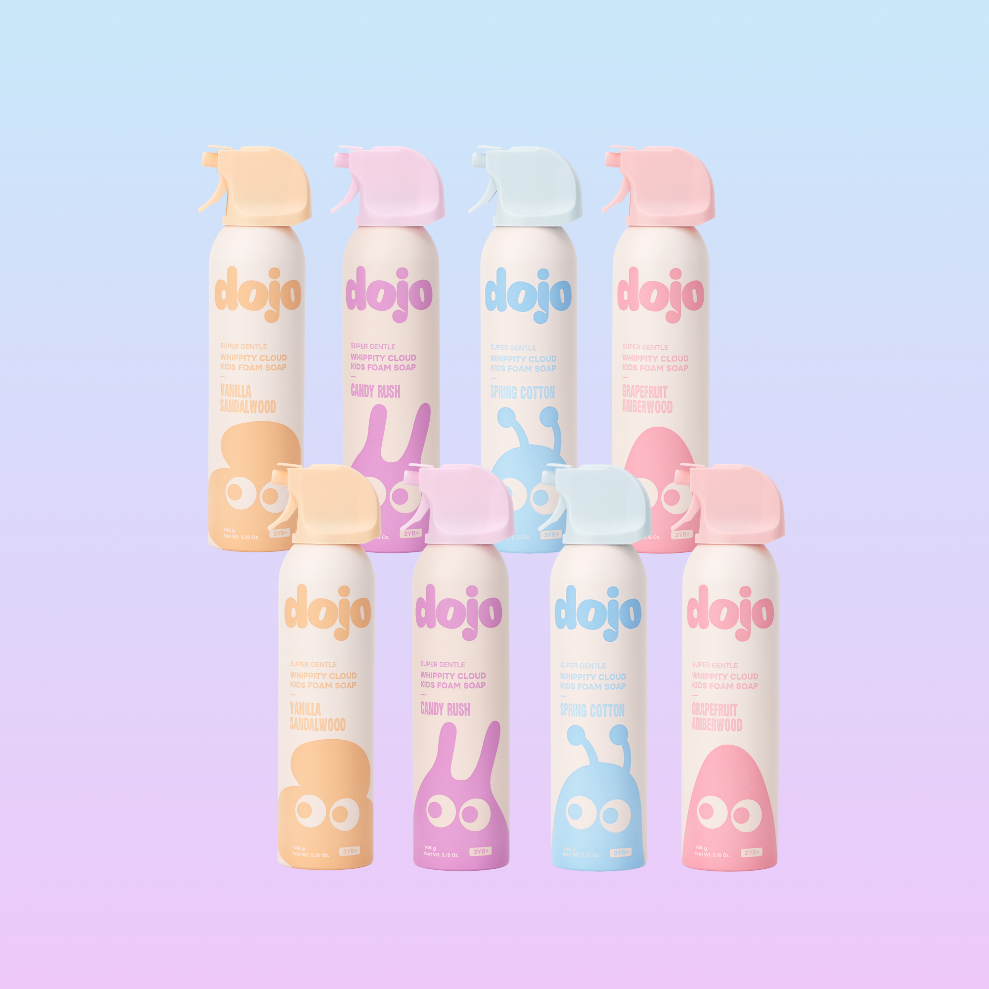Eight Dojo air freshener spray cans arranged in two rows on a soft pastel gradient background. The cans are off-white with colorful spray nozzles and labels in peach, pink, purple, blue, and mint, representing different scents including Vanilla Strawberry, Candy Crush, Spring Cotton, and Strawberry Shortcake.
