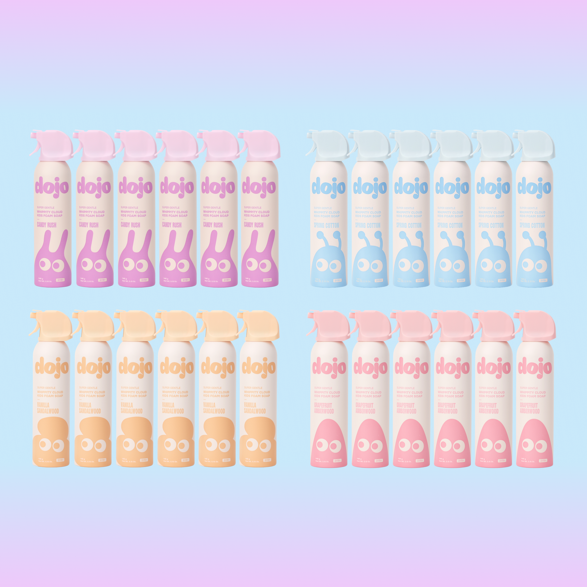 Eight spray bottles of Dojo Cleaning Supply arranged in two rows of four on a pastel gradient background. The bottles come in pink, light blue, and light peach/beige variants, each featuring the brand name 'dojo' and a cute cartoon bunny or character illustration.